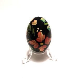 Ou din lemn, pictat manual, negru, cu flori
