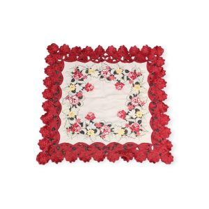Față de masă  cu flori colorate, albă, cu bordură roșie